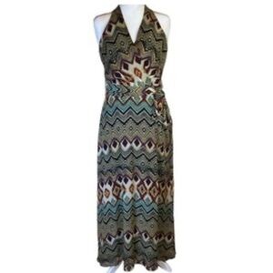 Chetta B Boho Chevron Maxi Dress Sleeveless Tan Orange Turquoise Blue Red 10
